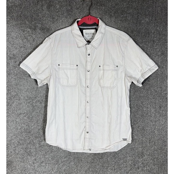 Guess Short Sleeve Chest Pockets Snap Front Collared Shirt Mens Size‎ XL White - Picture 1 of 8